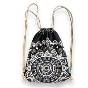 Miomao Mandala Style Drawstring Canvas Backpack  Beach Sport Daypack Black/White